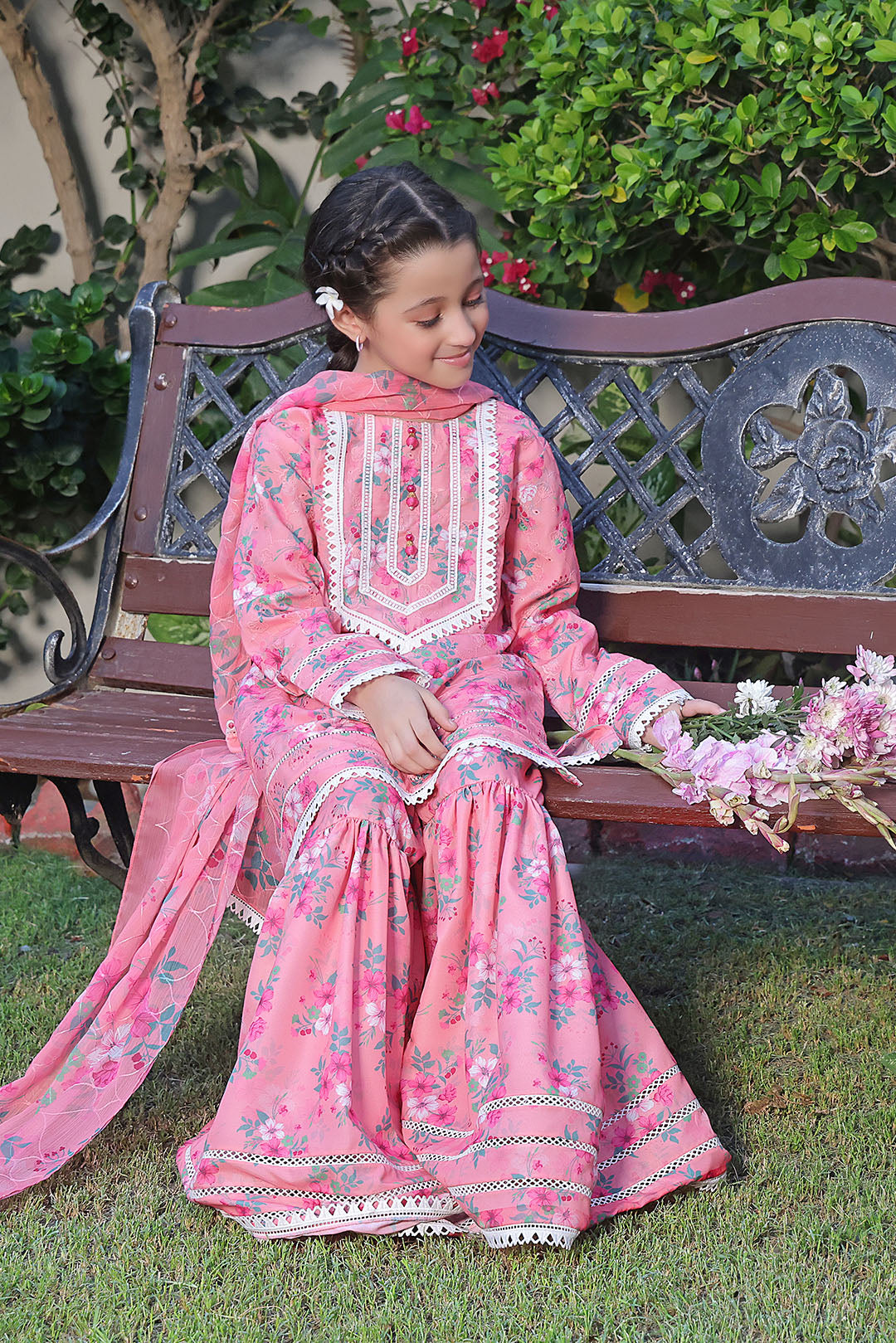 Floral Printed Lawn Chicken Kari 3pc Suit — Coral Pink