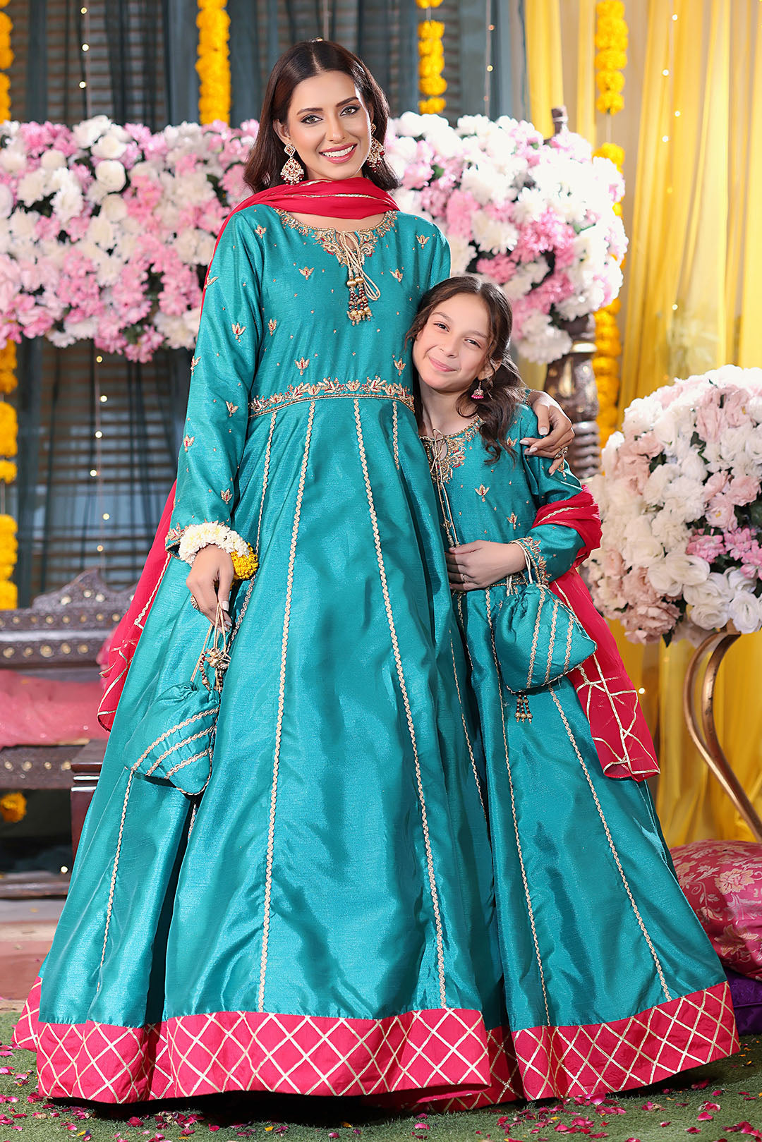 Sea Green & Hot Pink Handcrafted Raw Silk Maxi Set