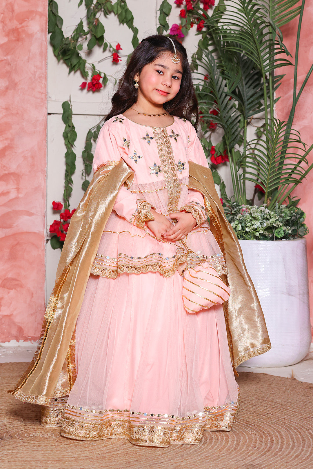 Peach Mirror Work Peplum Lehenga Set with Golden Brocade Dupatta