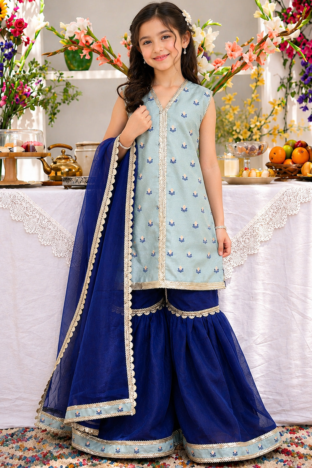 Front-Open Floral Jacquard Lurex Shirt with Gharara Set
