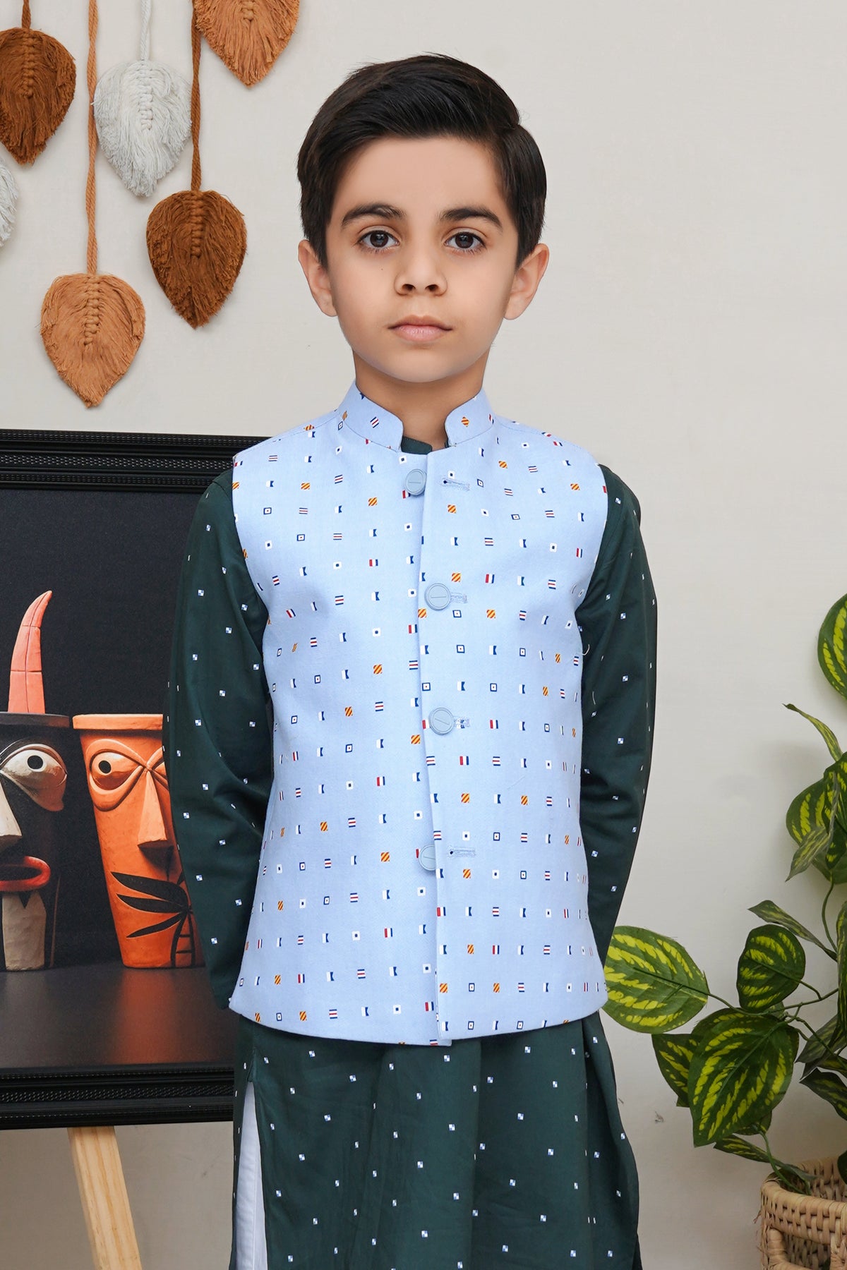 Ice Blue Printed Boys Waistcoat