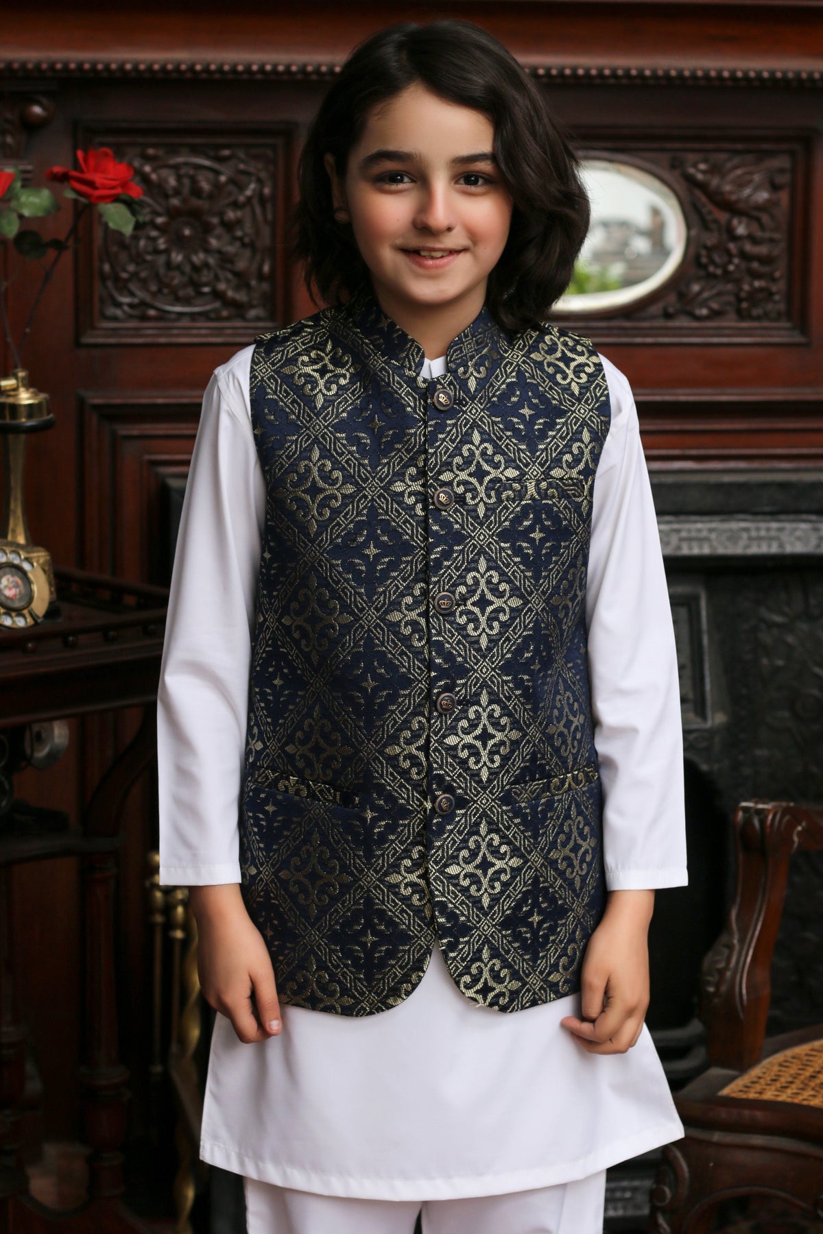 Charcoal Blue Embroidered Jamawar Boys Waistcoat