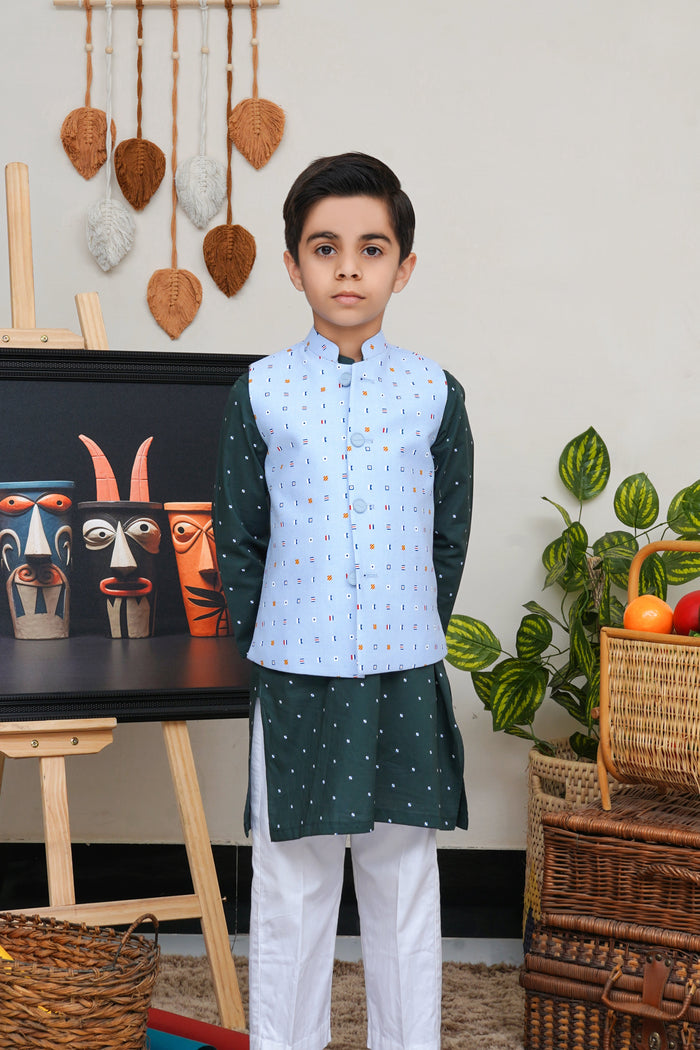Ice Blue Printed Boys Waistcoat