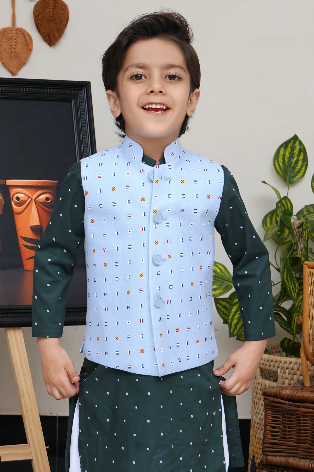 Ice Blue Printed Boys Waistcoat