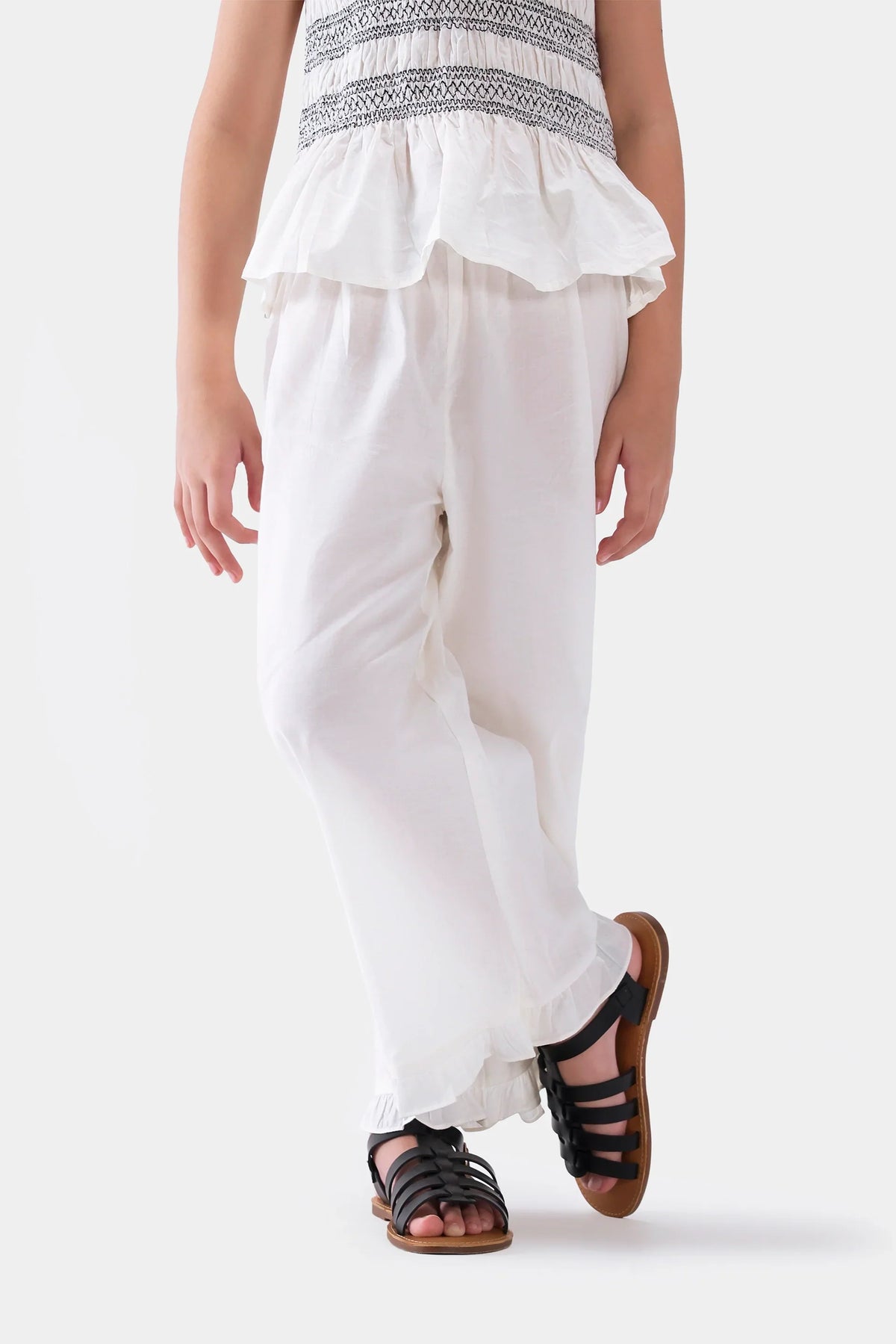 Off-White Smocked Embroidered Top & Ruffle Trousers Co-ord Set