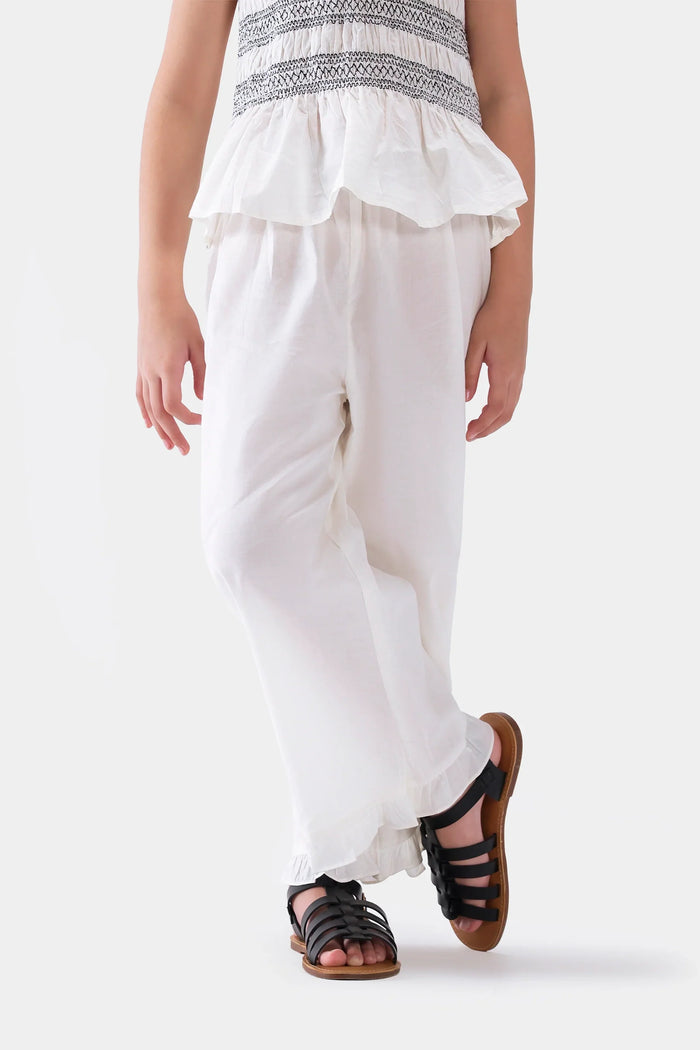 Off-White Smocked Embroidered Top & Ruffle Trousers Co-ord Set