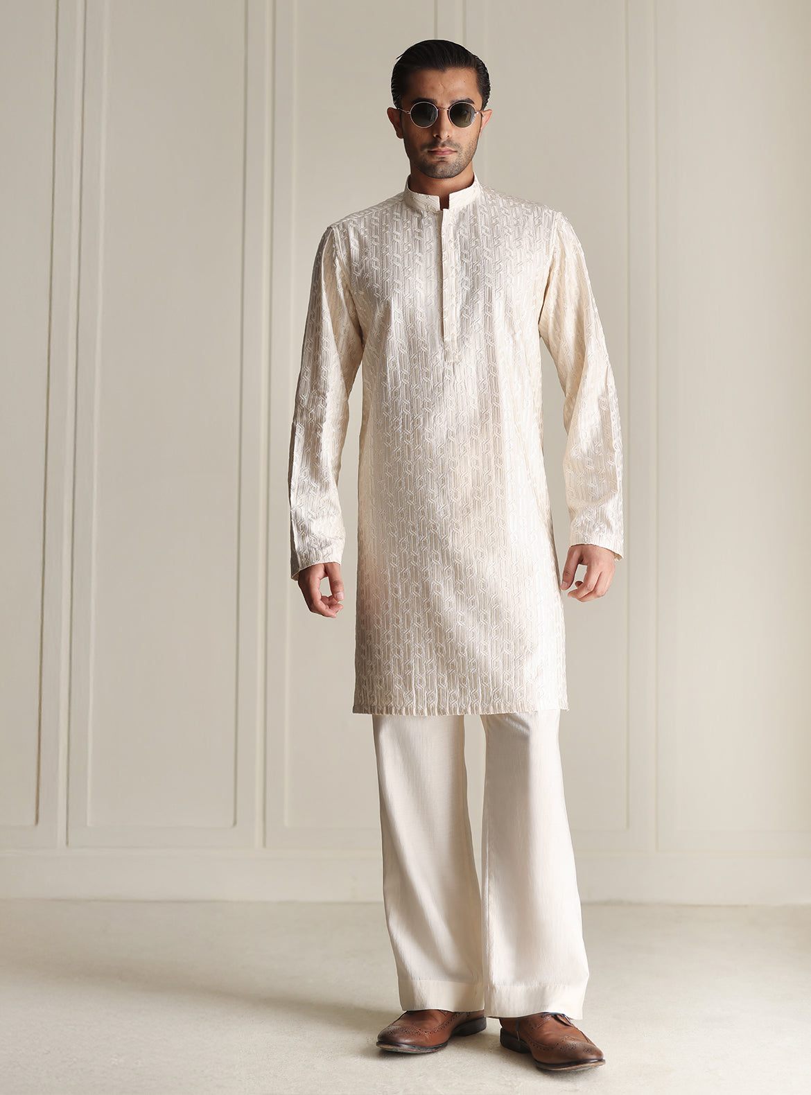 Cream Mesh Embroidered Kurta Pajama