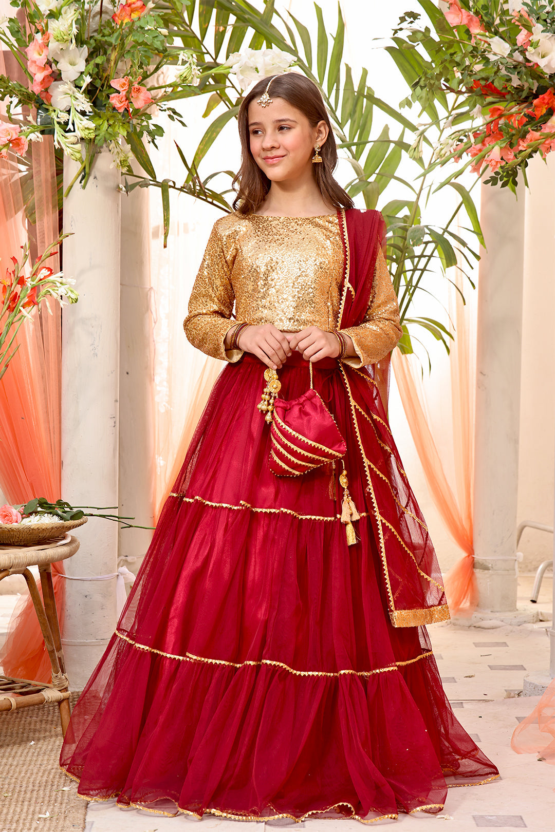 Sequins & Net Lehenga Choli — Red Gold Net