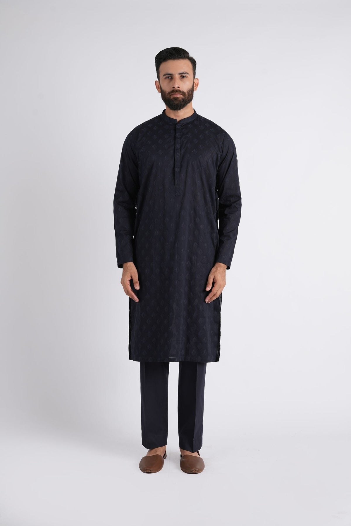 Embroidered Kurta Trouser-Navy-Blu