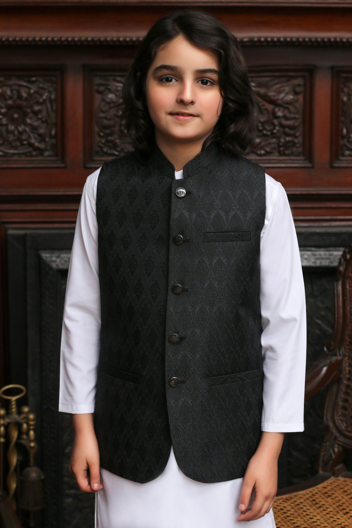 Black Jamawar Boys Waistcoat