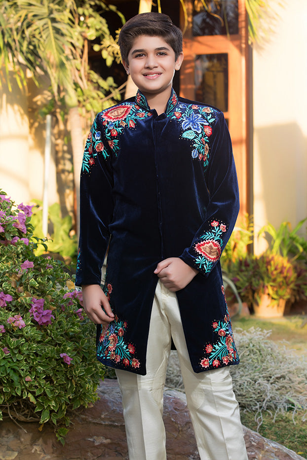 Embroidered Velvet Sherwani Suit — Blue Embroidered Velvet
