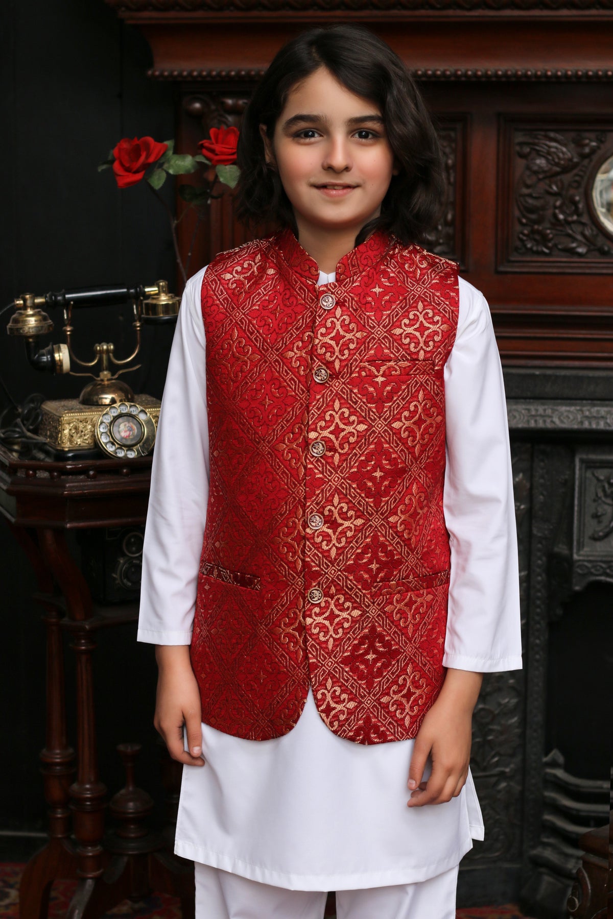 Purple Embroidered Jamawar Boys Waistcoat