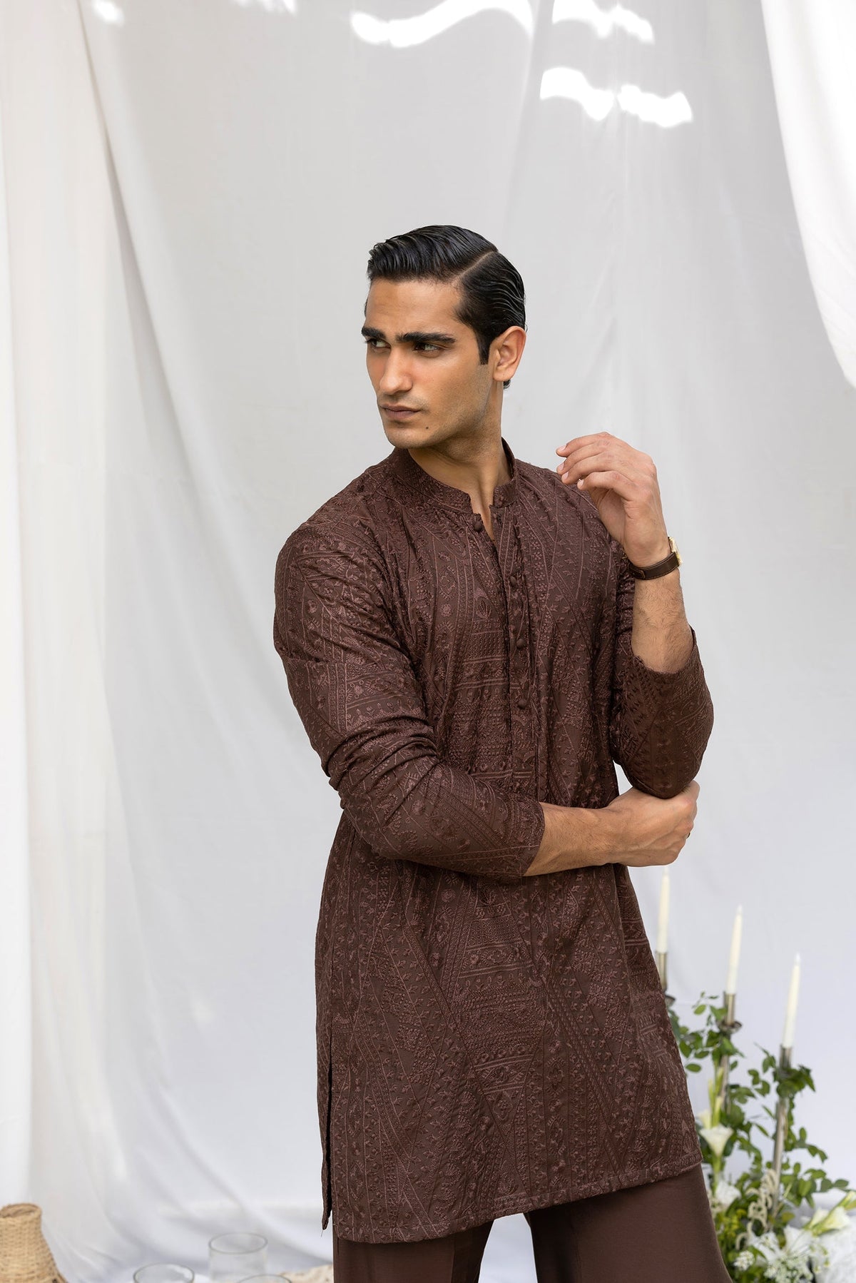 Brown Tarqee Kurta Pajama