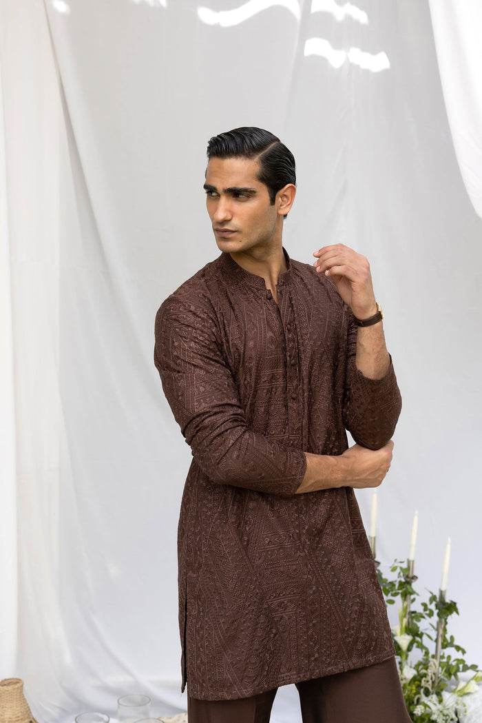 Brown Tarqee Kurta Pajama
