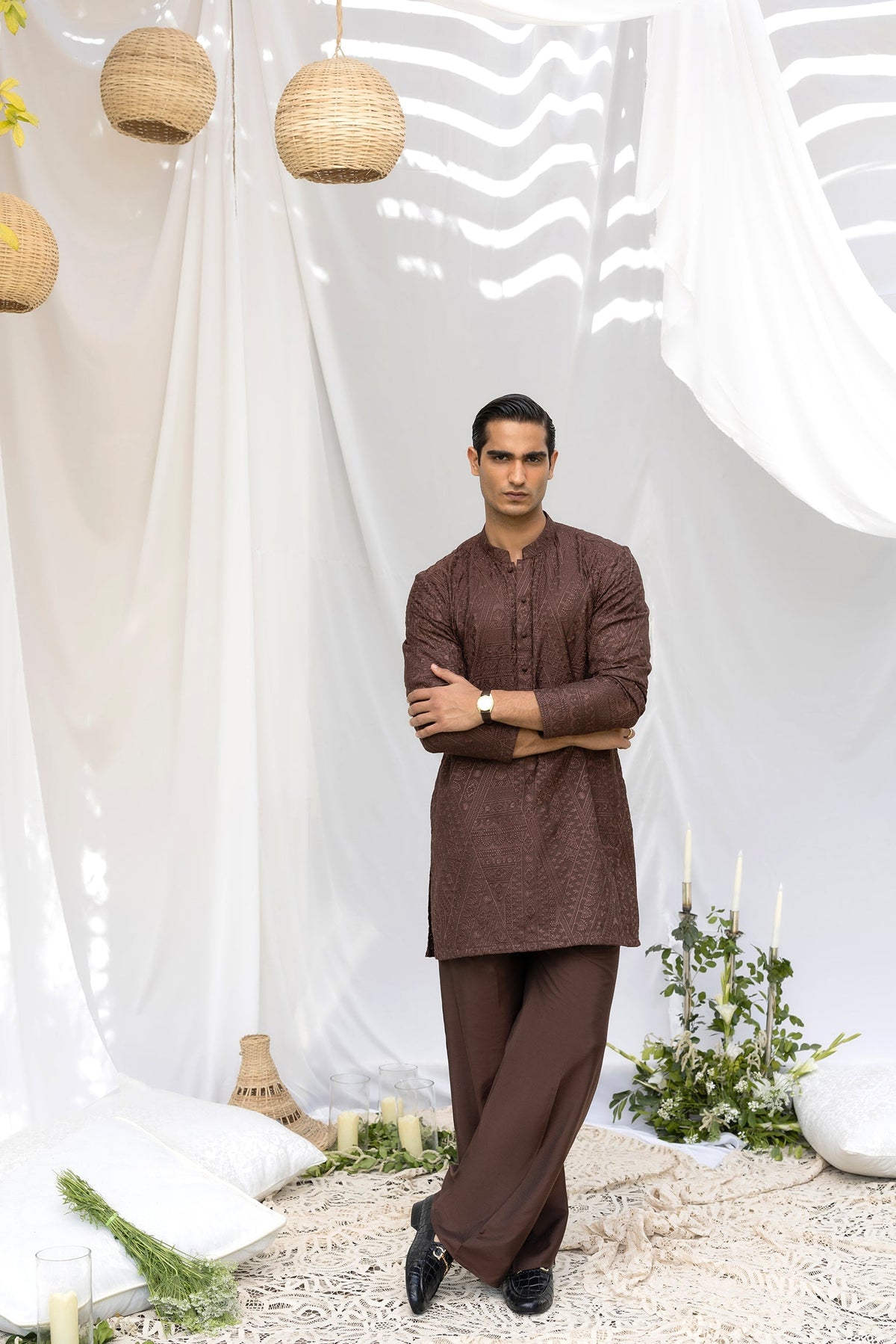 Brown Tarqee Kurta Pajama