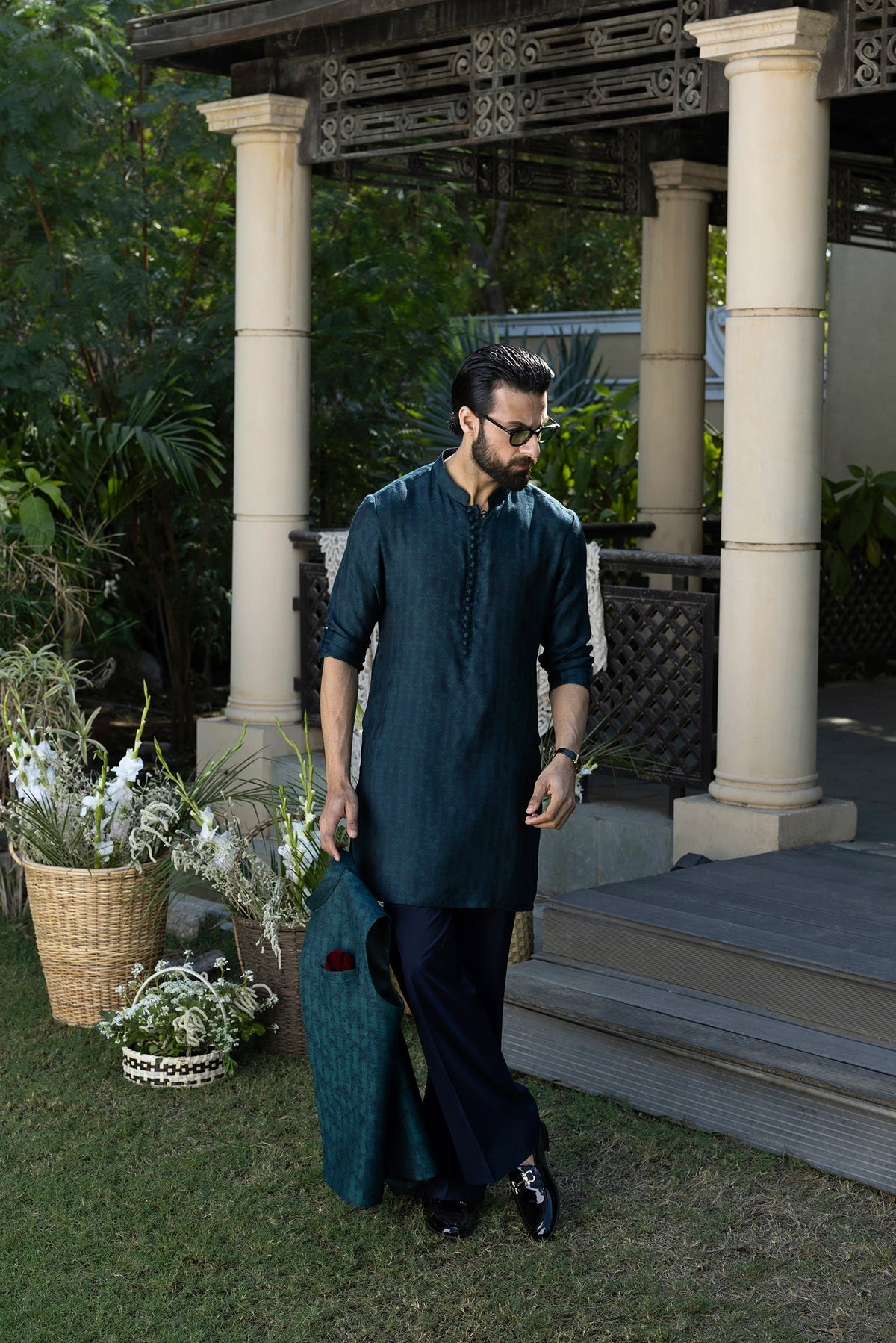Teal Green & Blue Muhazzab Kurta Pajama