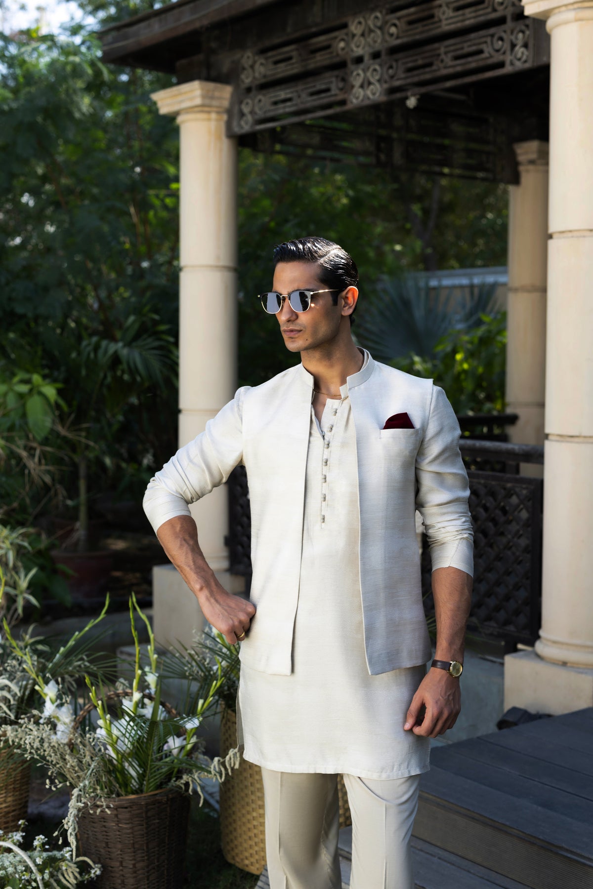 Light Beige Muhazzab Kurta Pajama