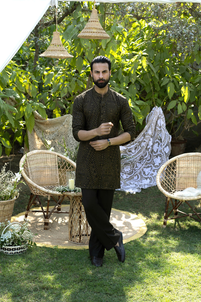 Olive Green Tarqee Kurta Pajama