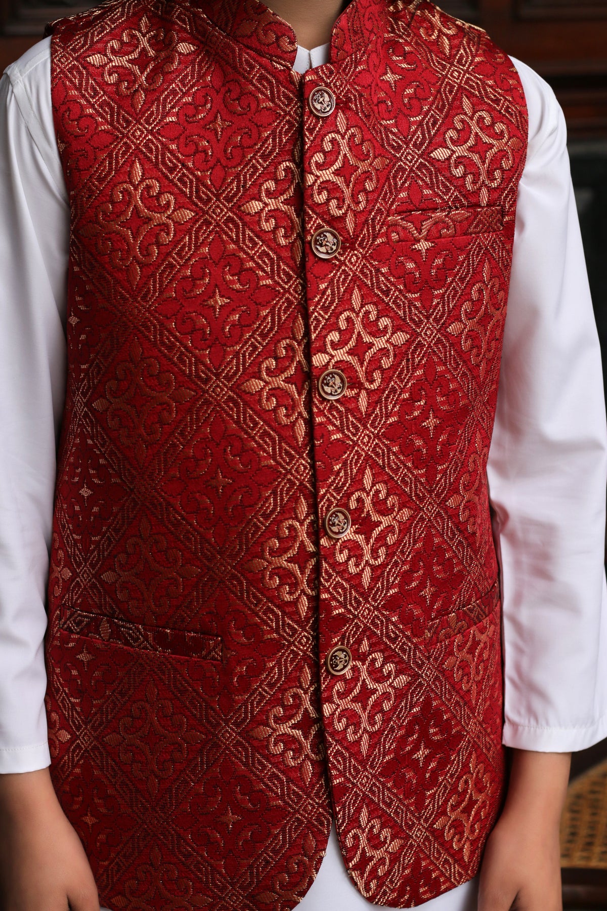 Purple Embroidered Jamawar Boys Waistcoat