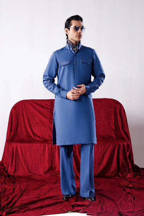 Denim Blue Linen Kurta Pajama