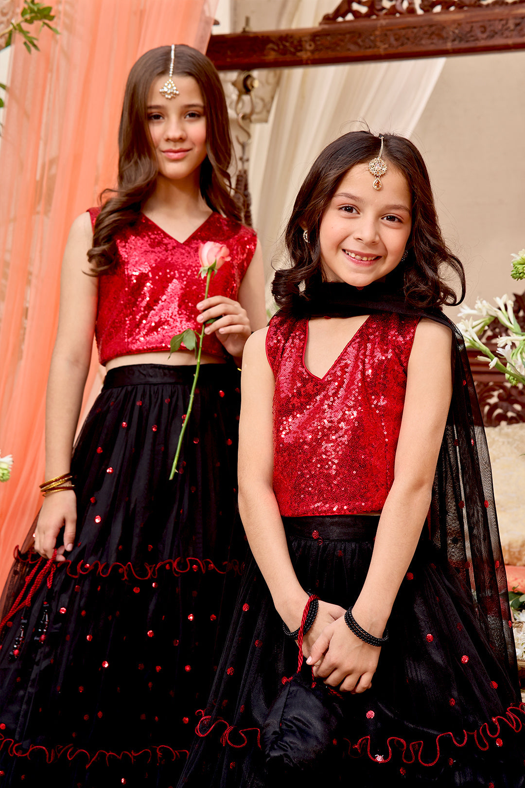 Sequins & Net Lehenga Choli — Red Black Net