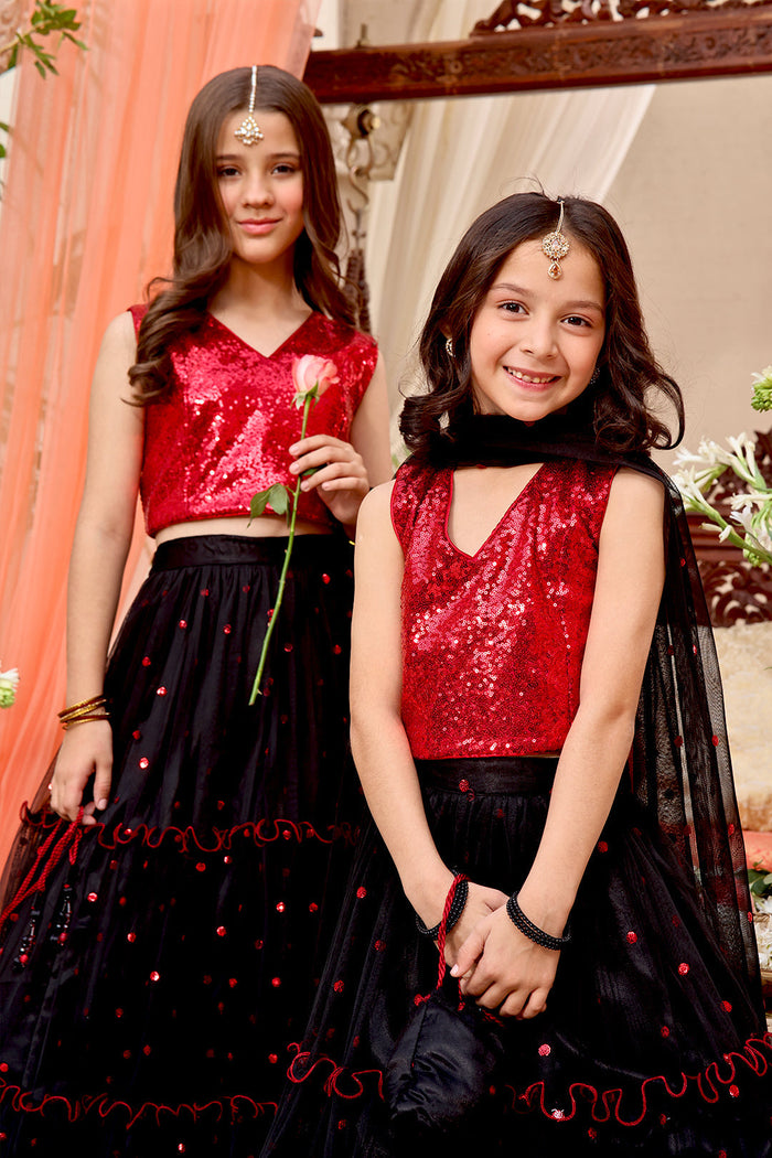 Sequins & Net Lehenga Choli — Red Black Net