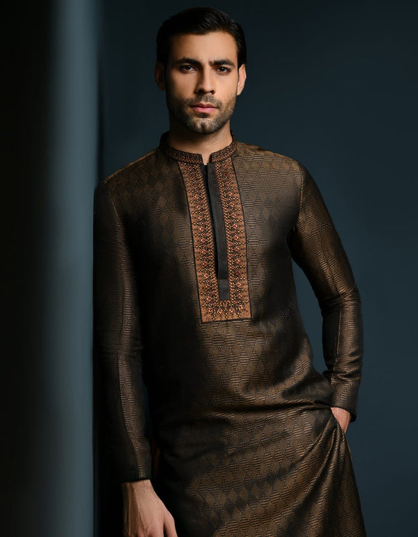 BLACK-DULL GOLD POLYESTER KURTA