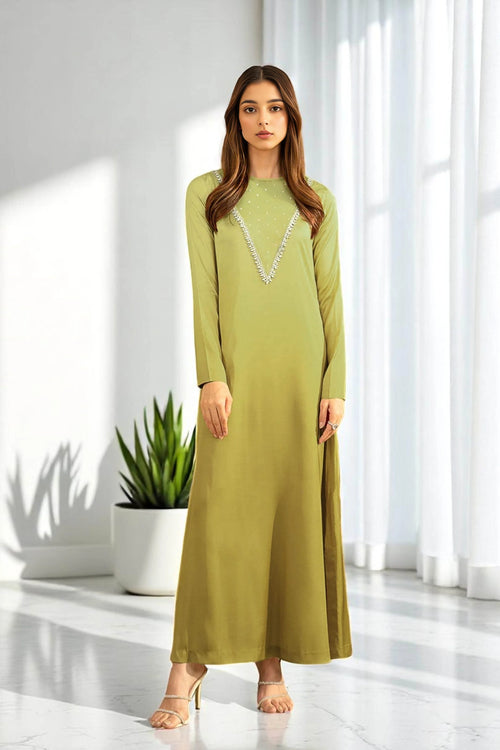 Pear Green Long Dress With Crystal Hand Embellishment