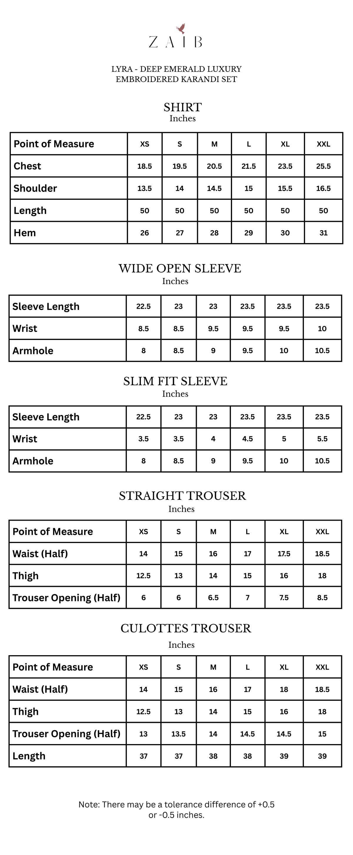 Lyra size chart