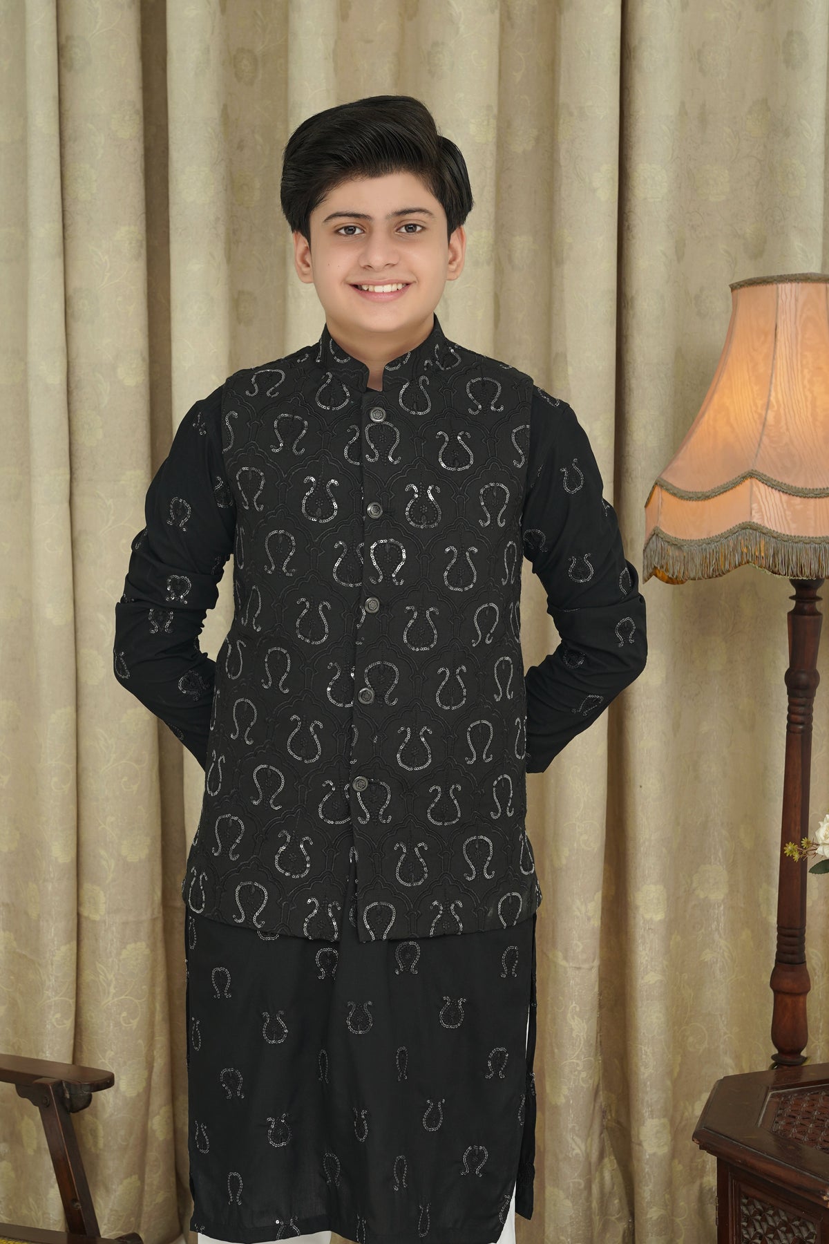 Black Sequence Embroidery Boys Waistcoat