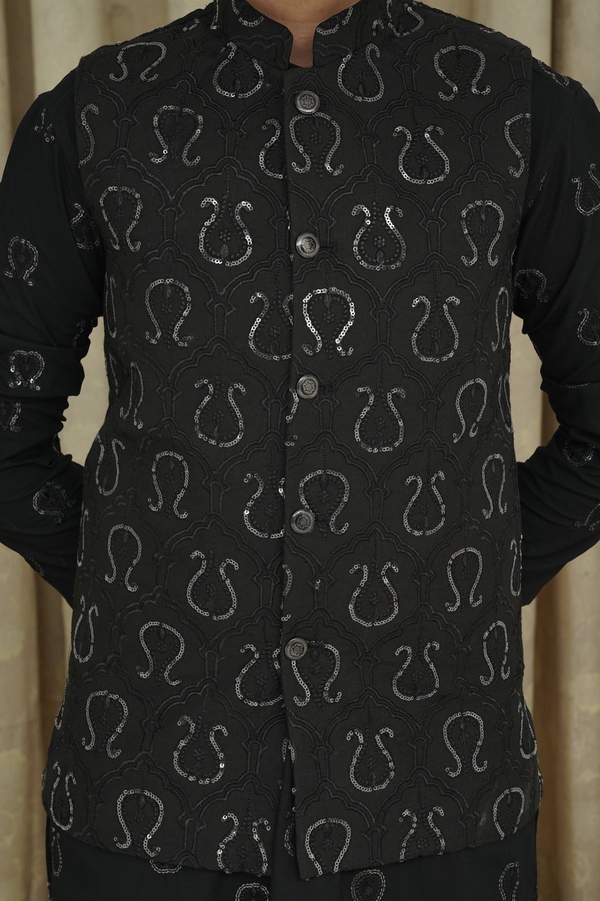Black Sequence Embroidery Boys Waistcoat