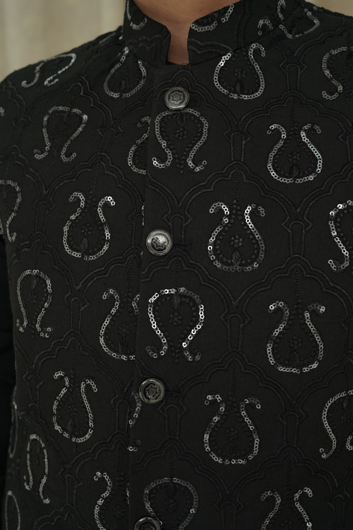 Black Sequence Embroidery Boys Waistcoat