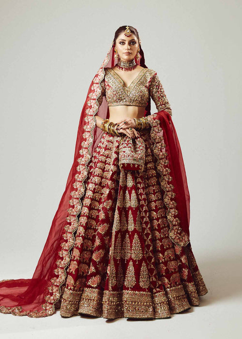 Pakistani Bridal Dress in Red Lehenga and Choli Style