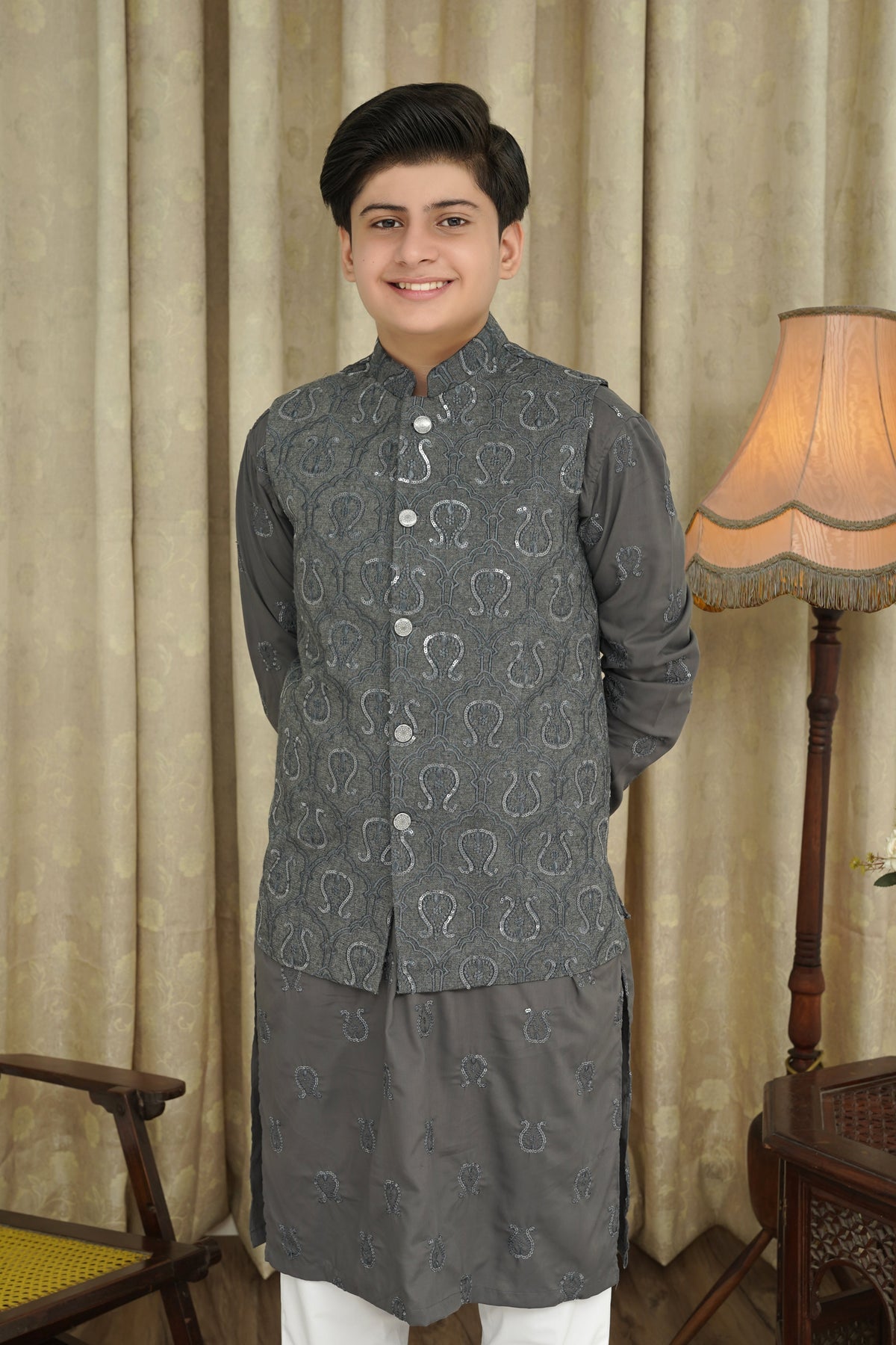 Gray Sequence Embroidery Boys Waistcoat