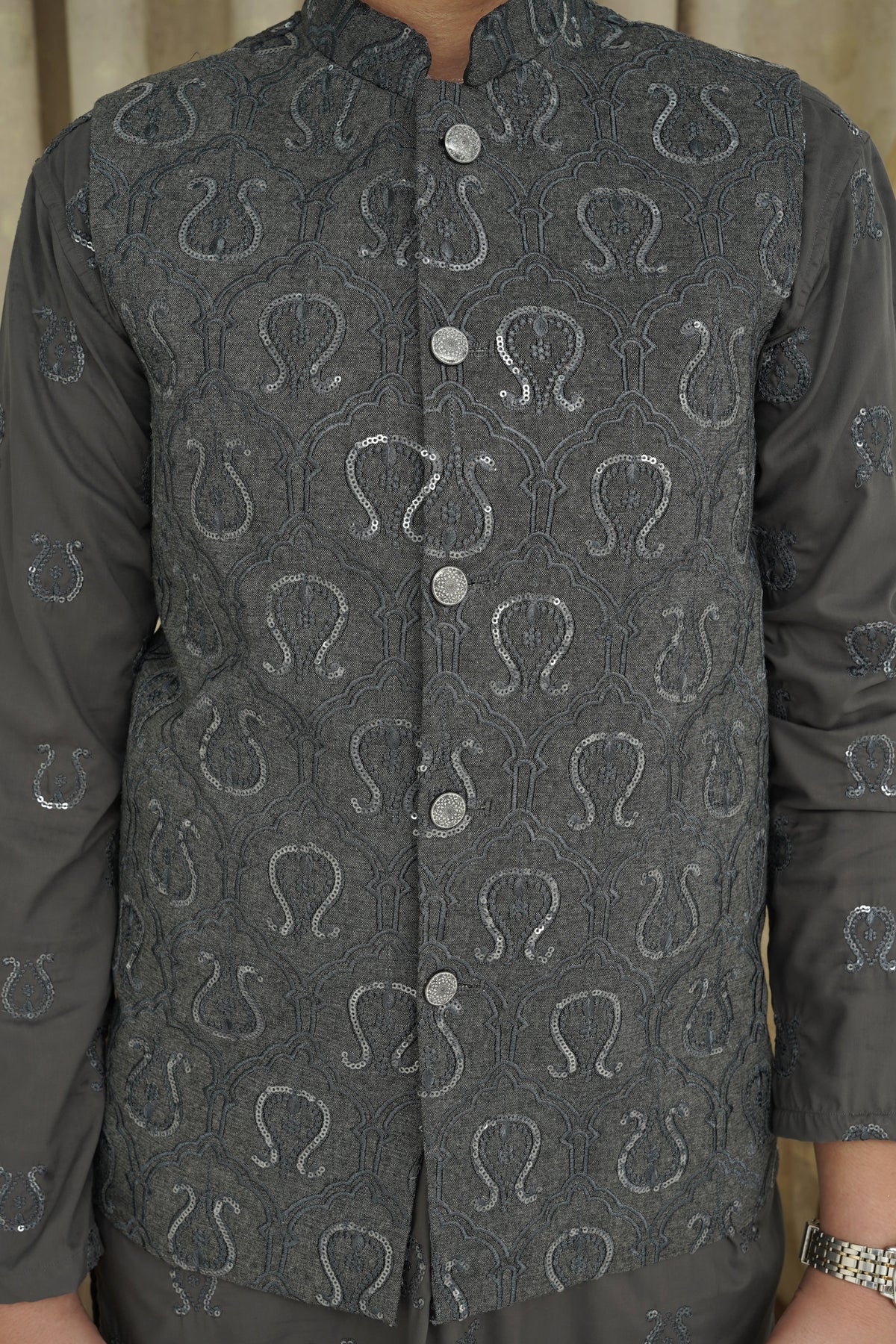 Gray Sequence Embroidery Boys Waistcoat