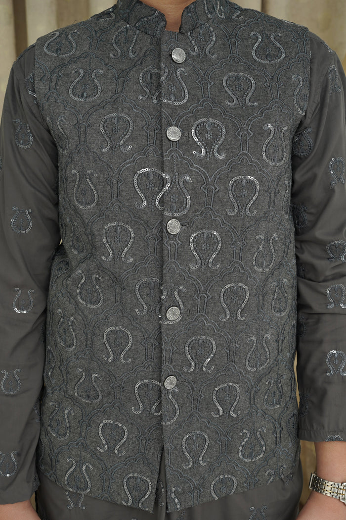 Gray Sequence Embroidery Boys Waistcoat