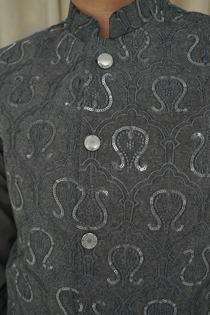 Gray Sequence Embroidery Boys Waistcoat