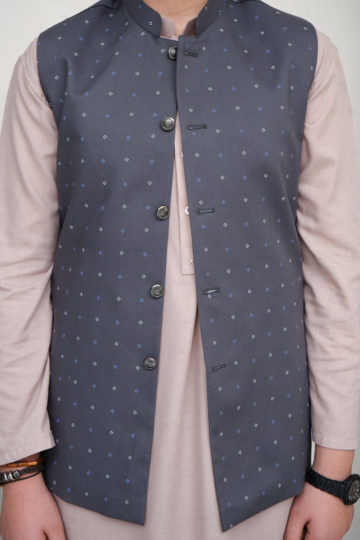 Charcoal Gray Printed Boys Waistcoat