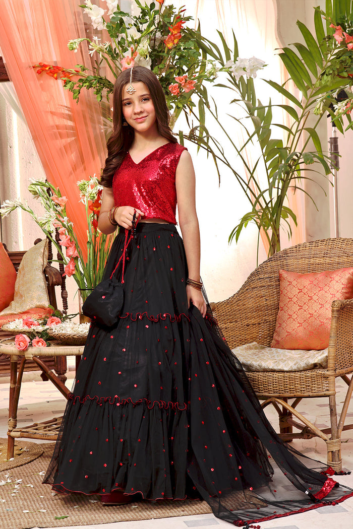 Sequins & Net Lehenga Choli — Red Black Net