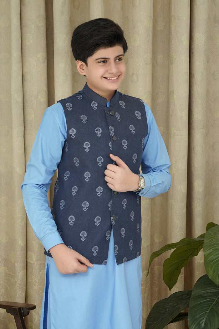 Blue Embroidery Boys Waistcoat