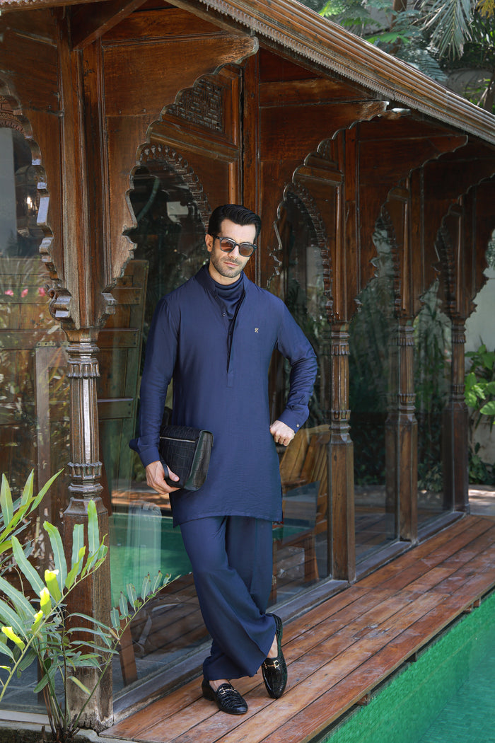 Navy Blue Linen Silk Kurta Pajama