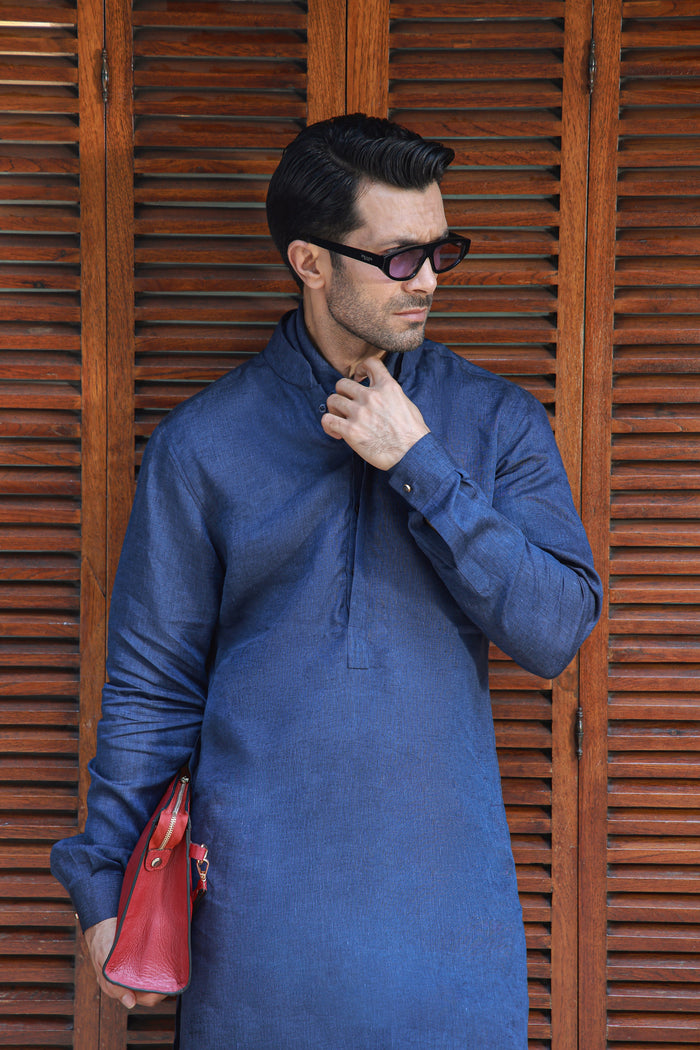 Space Blue Linen Kurta Pajama