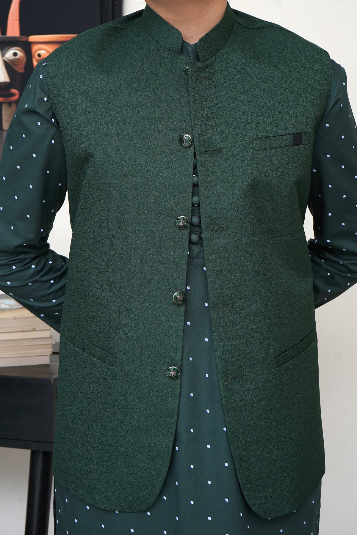 Green Jamawar Boys Waistcoat