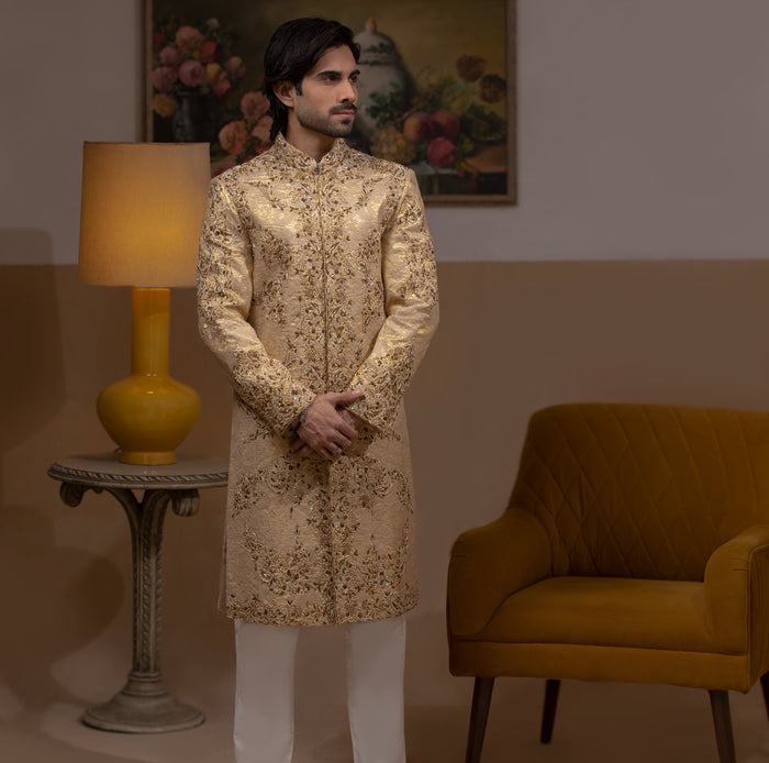 Zeba - Shades of Gold Handcrafted Zardozi Sherwani
