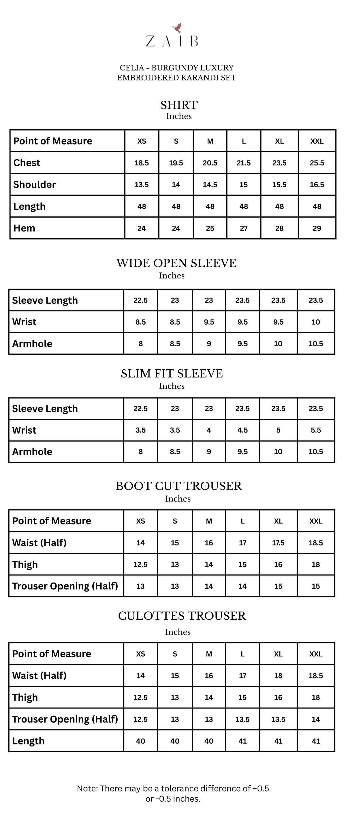 Celia size chart