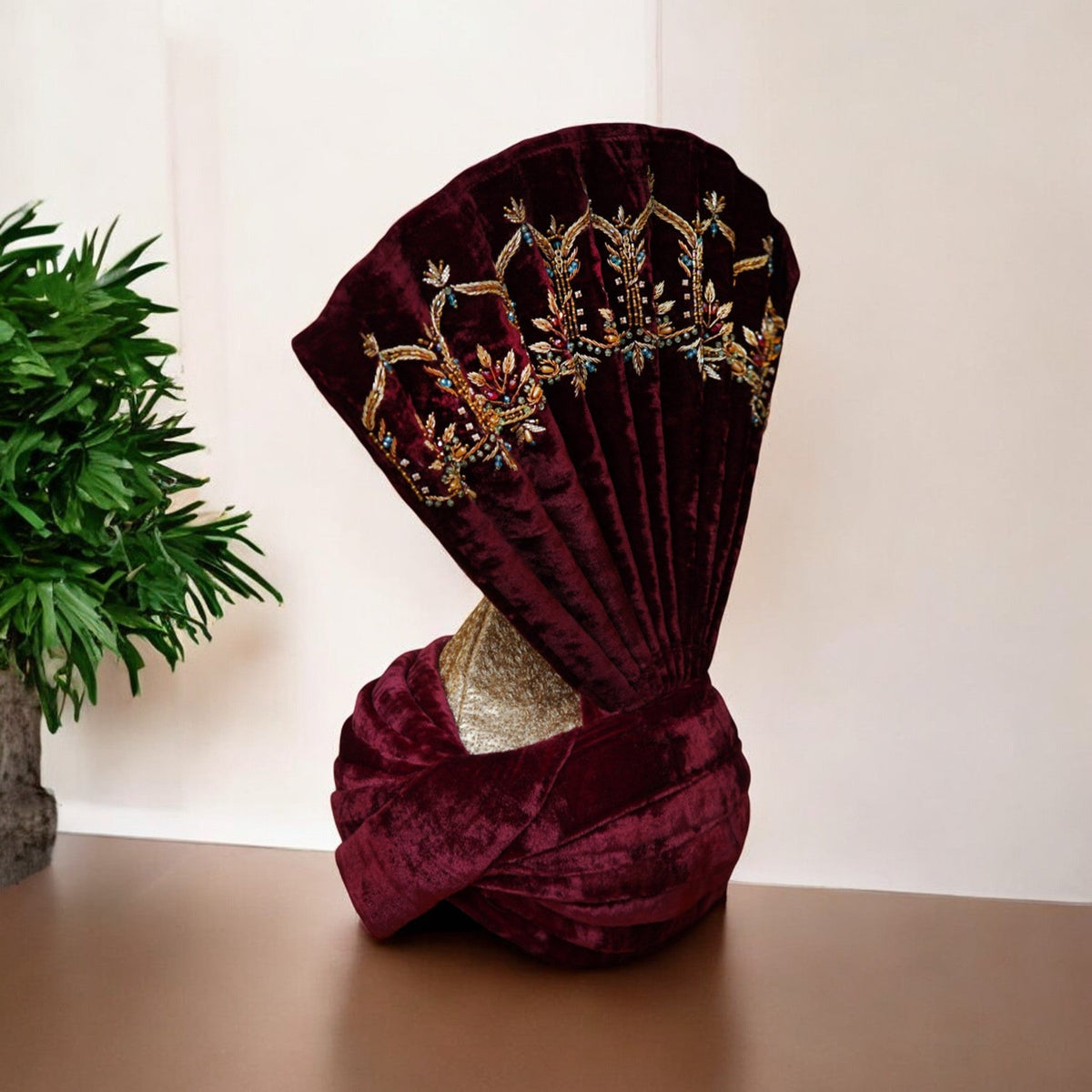 Customized Maroon Velvet Turban with Embellishments