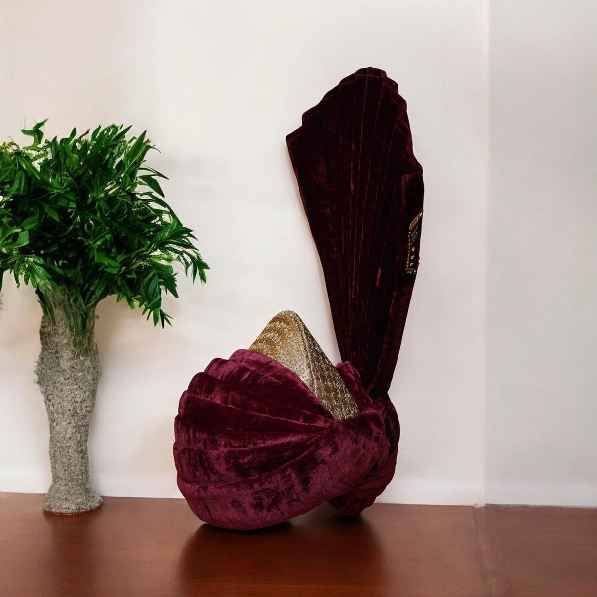 Customized Maroon Velvet Turban with Embellishments
