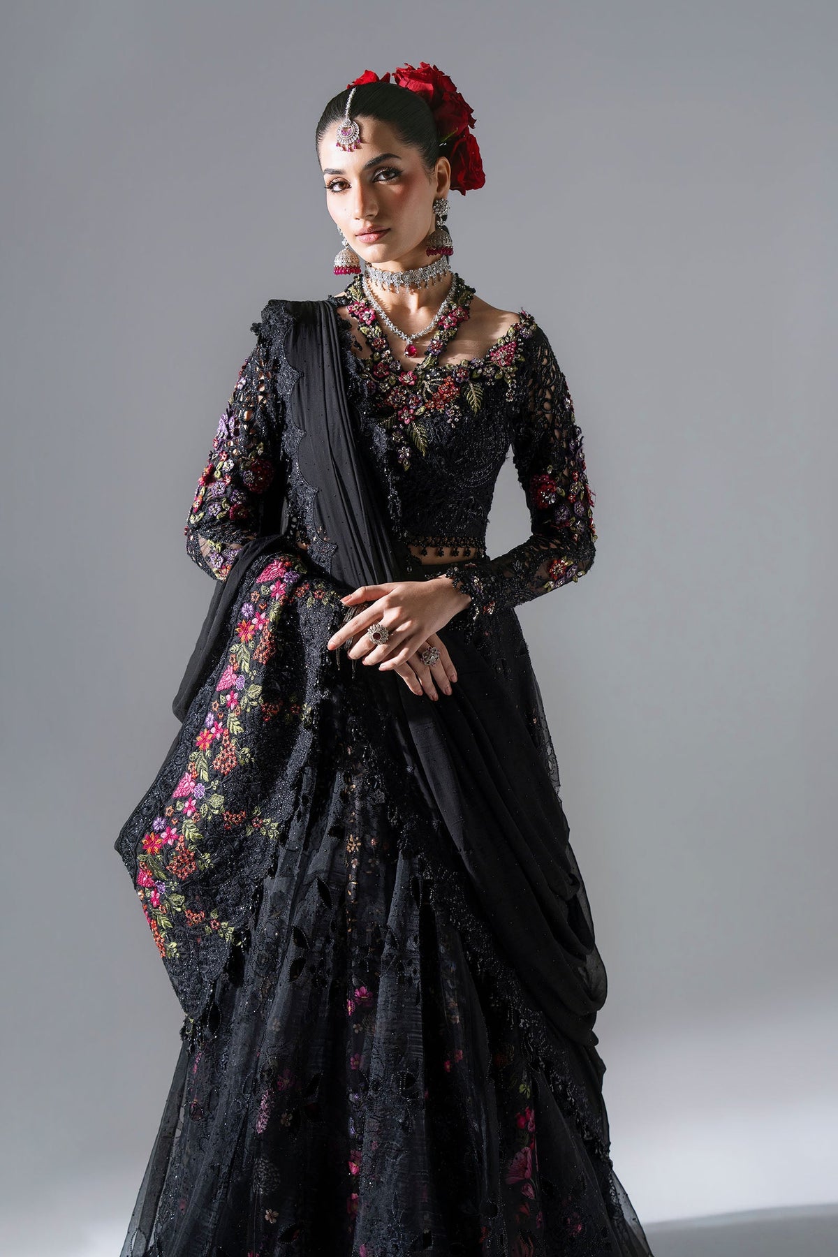 BD-3101 Black Embroidered Organza Frock Suit