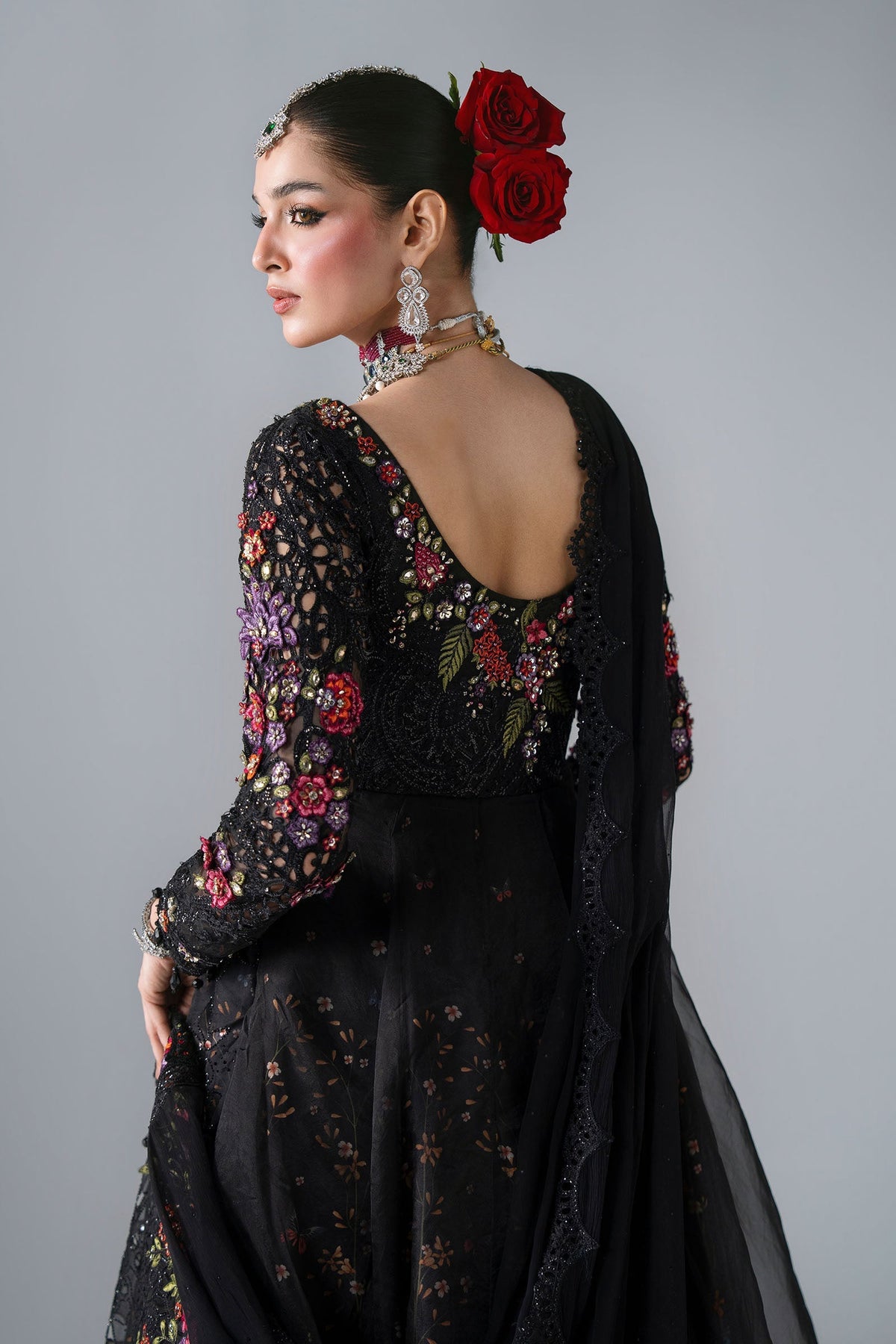 BD-3101 Black Embroidered Organza Frock Suit