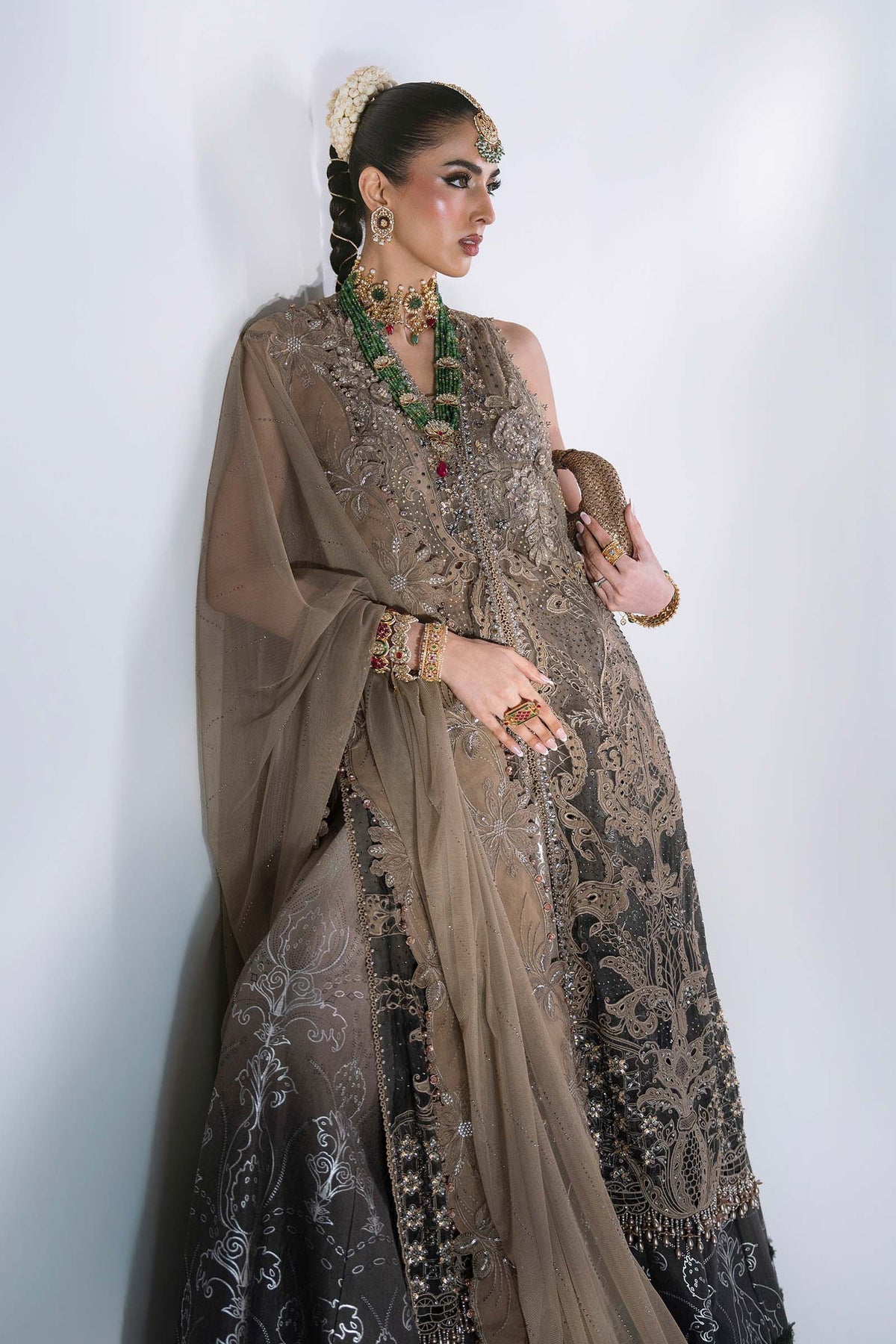 BD-3102 Coffee & Grey Embroidered Chiffon Suit